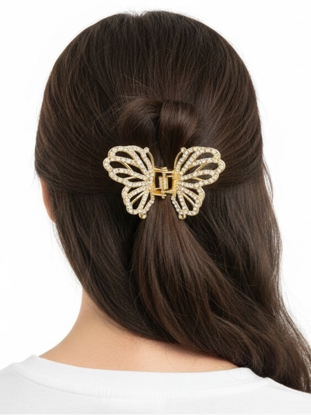 Butterfly Allover Clear Rhinestone 2” Gold Metal Lobster Claw Hair Clip Gift